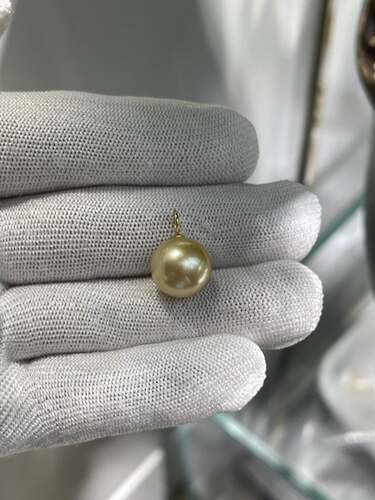 正圆，浓金13.3mm南洋金珠吊坠 配18k厚金吊坠头