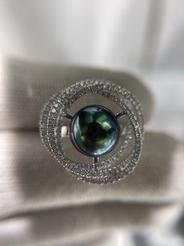 星辰款10mm大溪地孔雀蓝戒指 18k培育钻石镶嵌