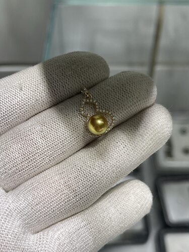 超美福禄款浓金金珠吊坠 正圆7～8mm茶金色南洋金珠 18k培育钻石
