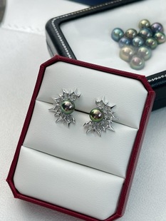 大溪地珍珠耳钉精工设计7.9mm正圆微瑕 金绿孔雀绿