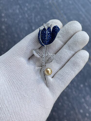 暗夜蓝玫瑰！！ 浓金8～9mm南洋金珠款珍珠胸针 自然光拍摄