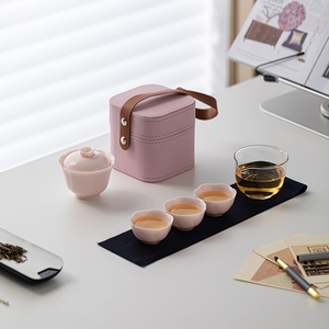 旅行茶具粉色盖碗套装单人茶碗茶杯功夫泡茶具便携式快客杯送闺蜜