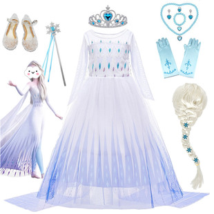 新款 爱沙公主裙女童冰雪奇缘2艾莎披风亮片白色连衣裙六一表演服