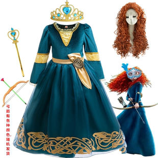 迪斯Brave勇敢传说梅莉达公主裙cosplay服装Merida儿童COS服假发