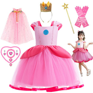 儿童万圣节超级玛丽马里奥cos服装粉色蜜桃子碧琪公主连衣裙Peach