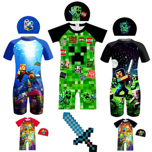 我的世界Minecraft儿童连体游泳装男孩卡通史蒂夫绿魔人泳衣套装