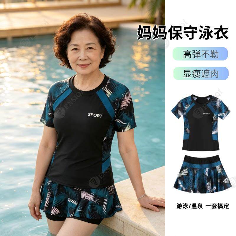 中老年妈妈保守泳衣女款分体50岁老年人女士温泉泳装游泳衣带胸垫