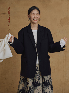 popoup25FW“午夜巴黎”宽松垫肩平驳领常青西装外套