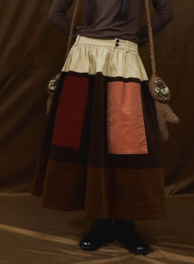 popoup25FW“野果”灯芯绒撞色拼接低腰伞裙