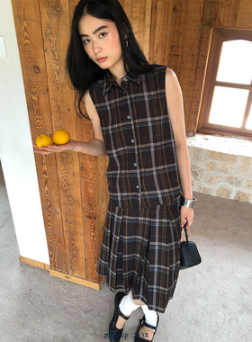 popoup25SS“书店女孩”格纹学院无袖衬衫百褶套装