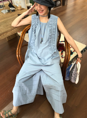 popoup24ss“蓝莓果酱”荷叶边无袖背心上衣女夏季套装