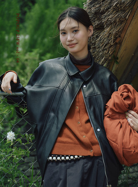 popoup25FW“发条橙“ 荔枝纹/麂皮双色分割短款皮衣外套