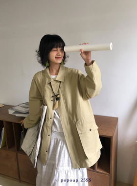 popoup25SS“前奏”廓形单层抽绳翻领复古工装夹克