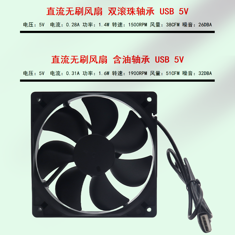 新款全新静音12cm/厘米 120x120x25mm/毫米 5V滚珠轴承 USB散热