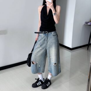 大尺码bf慵懒风美式薄款七分牛仔短裤女夏季新款胖MM宽松破洞阔腿