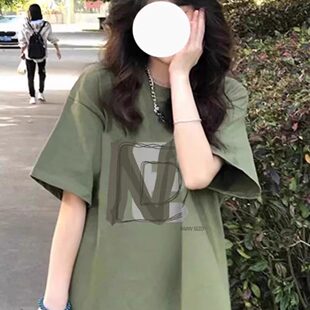纯棉美式正肩抹茶绿色短袖t恤女2025新款夏季宽松半袖设计感上衣
