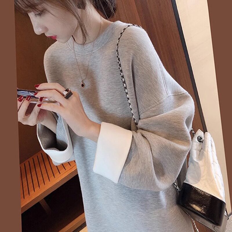 时尚灰色圆领套头宽松oversize卫衣女士中长款遮屁股韩版慵懒风