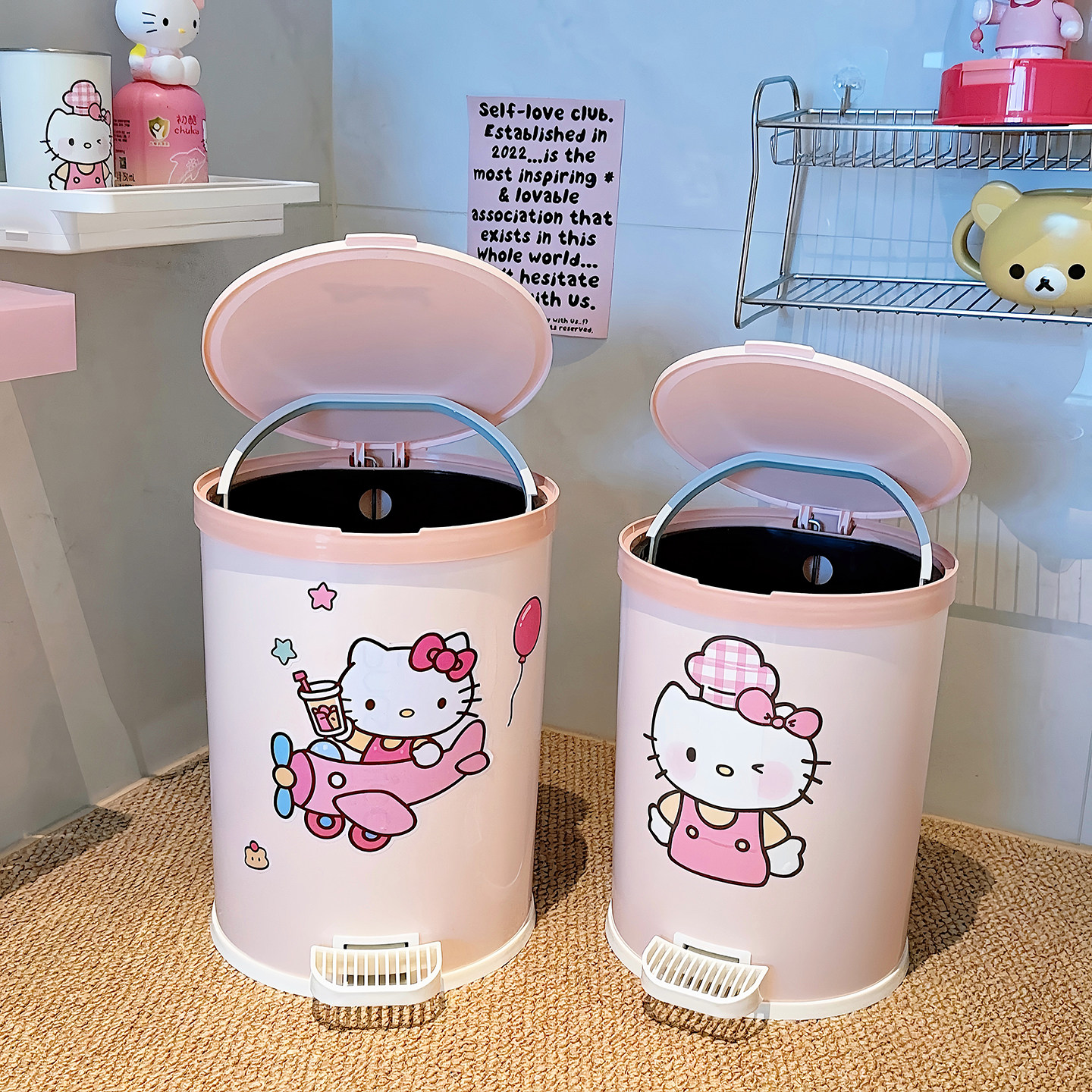 可爱粉嫩猫咪家用垃圾桶脚踏静音带盖垃圾篓厨房浴室双桶废纸篓
