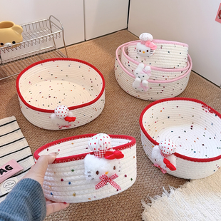 可爱棉绳收纳篮家用少女心猫咪棉线筐收纳筐化妆品小物件桌面收纳