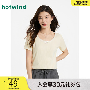 热风女士圆领短袖T恤上衣2025年夏季新款花边蝴蝶结短T恤蕾丝花边