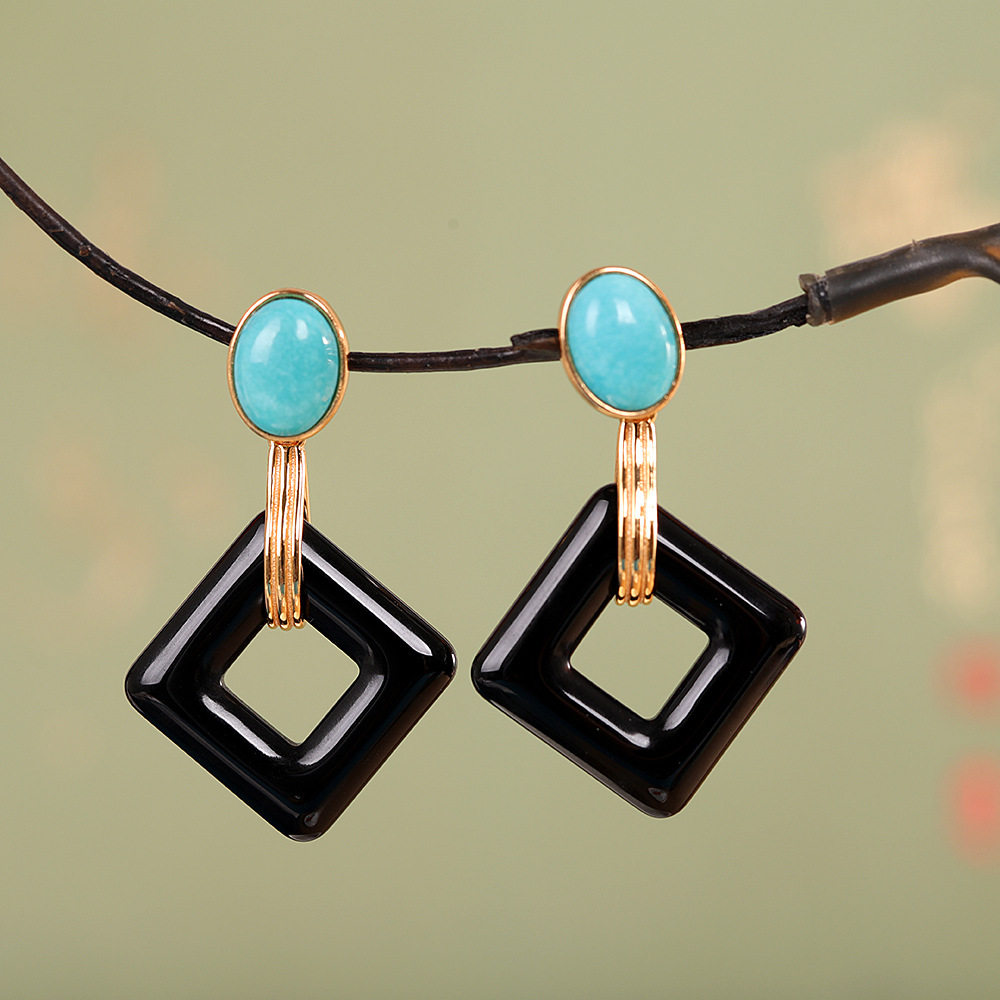 人品银品S925纯银镀金西青区绿松石黑玛瑙耳坠时尚女小众百搭耳饰