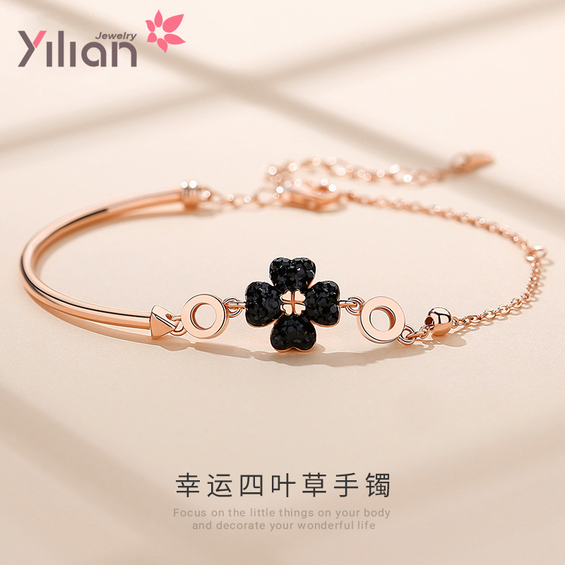 S925纯银幸运四叶草手链女韩版森系手饰小清新玫瑰金手镯闺蜜礼物