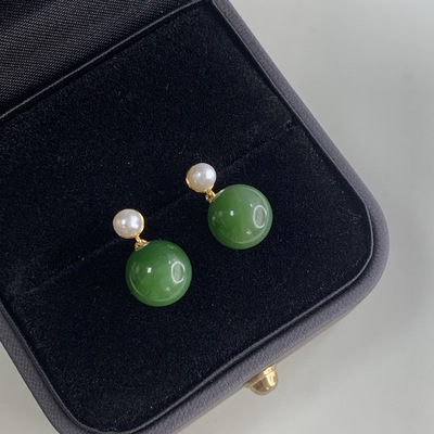 玉海天然和田玉碧玉耳钉搭配小灯泡珍珠s925纯银镶嵌精致小众耳饰