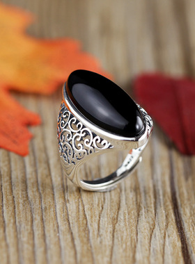 大女主贵气戒指S925银手工女士气质镂空黑玛瑙复古百搭开口戒指
