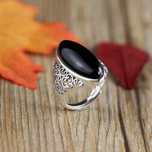 大女主贵气戒指S925银手工女士气质镂空黑玛瑙复古百搭开口戒指