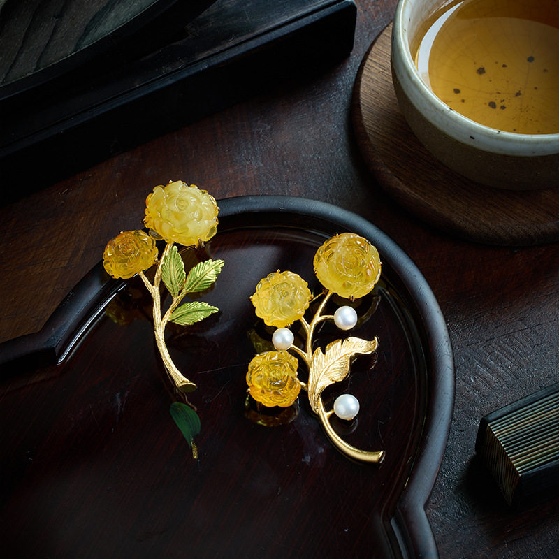 【牡丹花】珠宝级蜜蜡925银胸针高档中式国风设计感优雅旗袍配饰