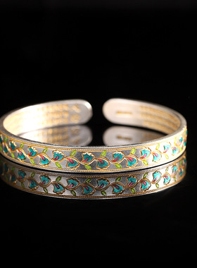 人品银品足银999烧蓝紫藤花手镯内刻心经女描金手环时尚国潮镯子