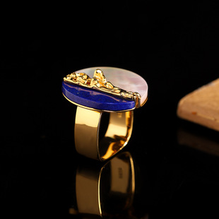 人品银品时尚潮流手饰S925银镀金女式方形青金石贝壳戒指开口