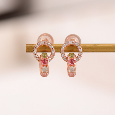 悦宝珠宝彩色碧玺S925纯银镀玫瑰金环环相扣圆圈耳钉轻奢耳饰批发