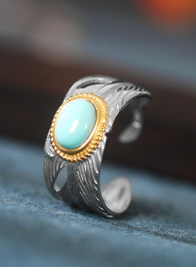 民族风绿松石女羽毛分色S925银嵌泰银开口戒指扁形戒面时尚简约