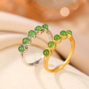 S925纯银镀金和田玉碧玉时尚简约五星连珠戒指百搭气质