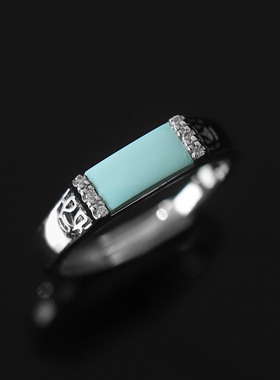 民族风绿松石女长方形几何S925银嵌泰银开口戒指扁型设计戒面指环