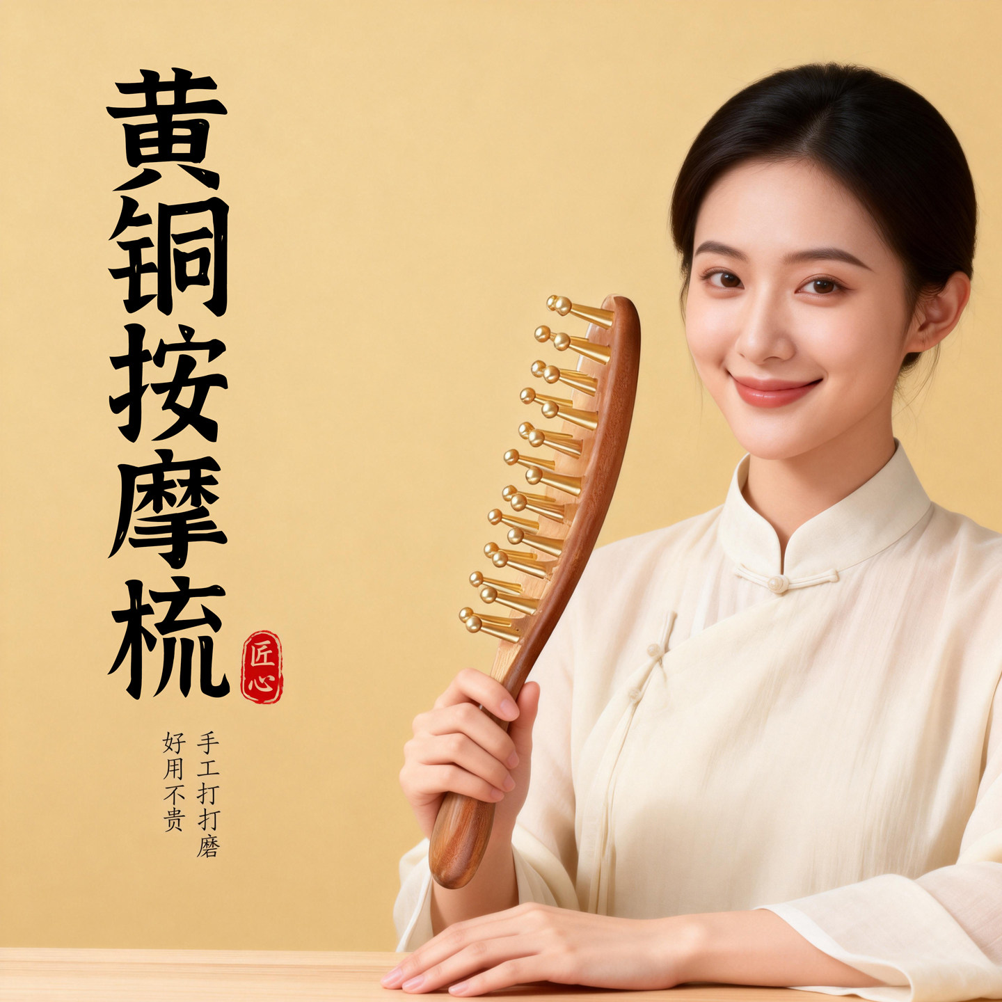 黄铜木质手工打磨头皮按摩梳