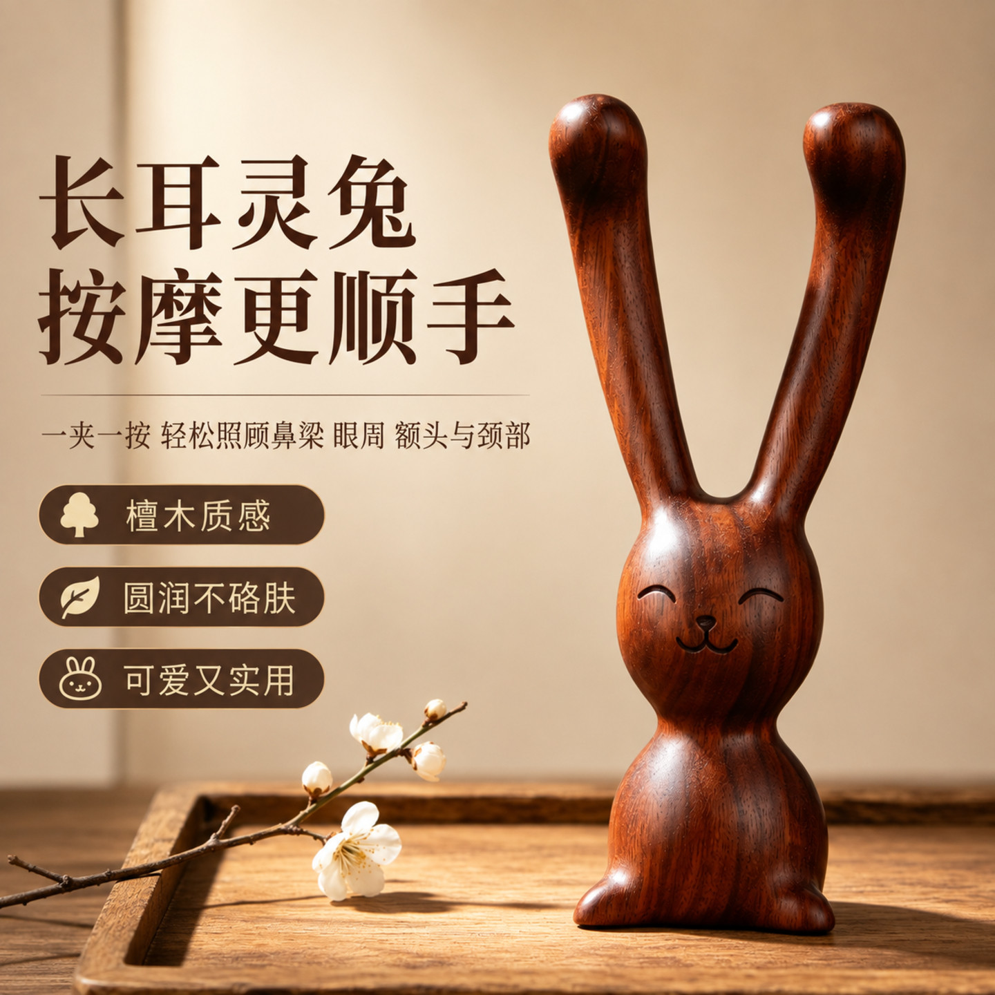檀木长耳兔子刮鼻按摩器可爱卡通造型脸部眼周拨筋棒点穴笔按摩棒