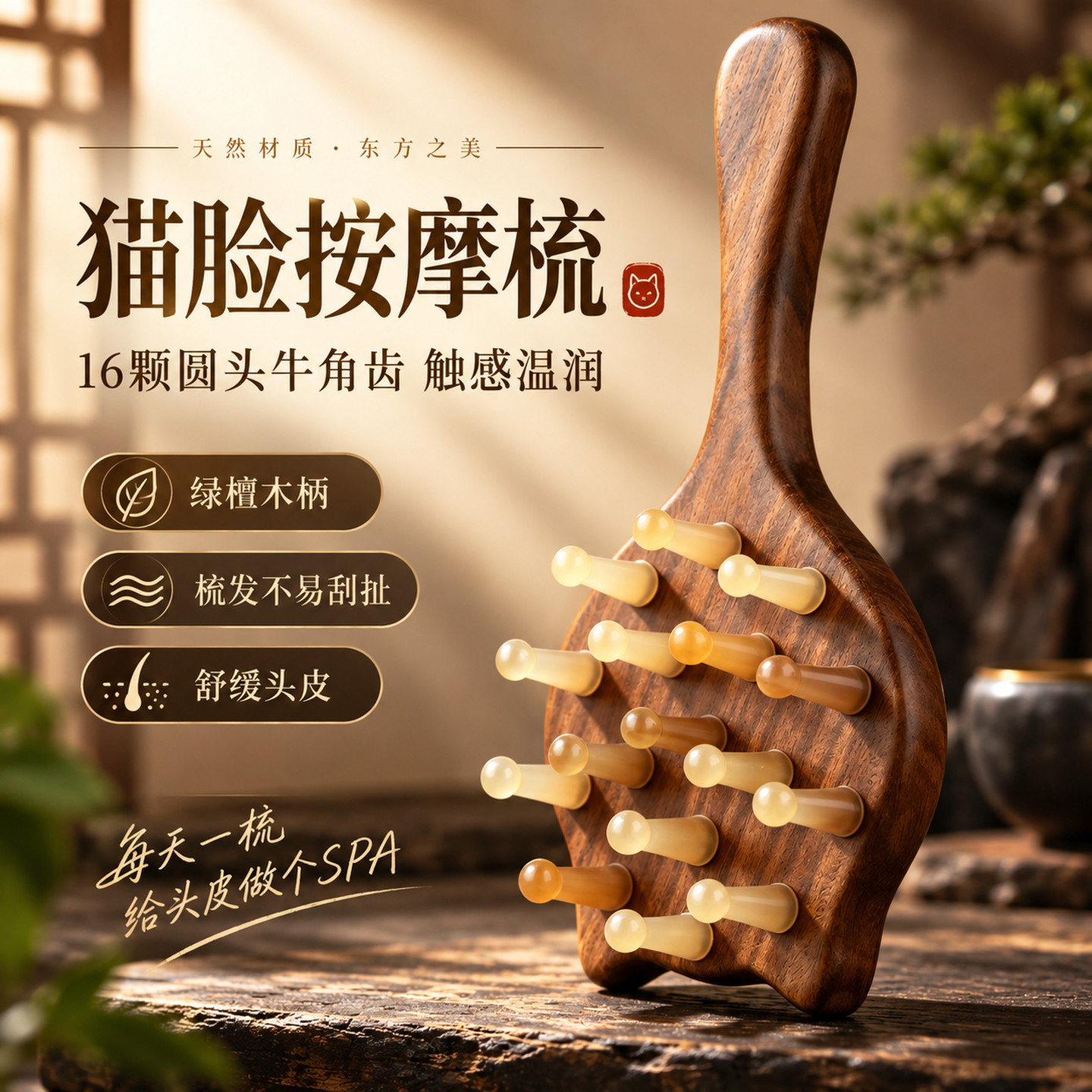 天然绿檀木猫脸头皮按摩梳