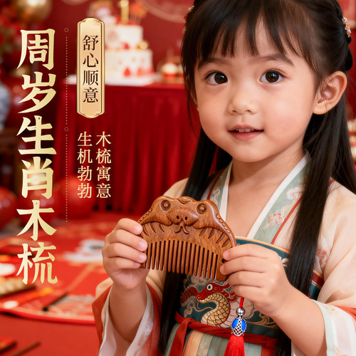 宝宝周岁木梳套装檀木雕刻蛇形梳