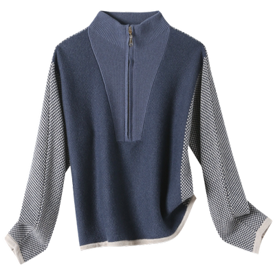 Q恒源祥休闲半高领针织衫女秋冬新款100纯羊毛复古拼接厚套头毛衣