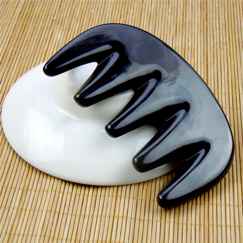 头部经络梳按摩板刮痧梳牛角梳子刮痧板宽齿加厚全息白玉石板