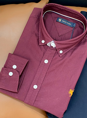 保罗彼得2025秋新款男式纯棉衬衫长袖酒红色 简约时尚YWECC00222