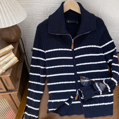 女式翻领条纹针织衫休闲百搭