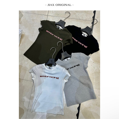 R13 春夏简约撞色字母印花短袖t恤女ins韩版修身显瘦弹力短款上衣