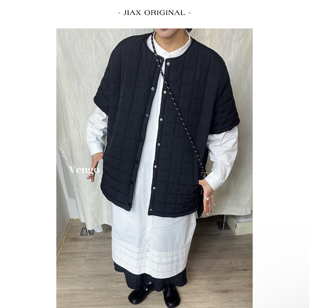 Vengo 2025秋冬日系圆领格纹压线夹棉短袖棉服女ins韩版宽松外套
