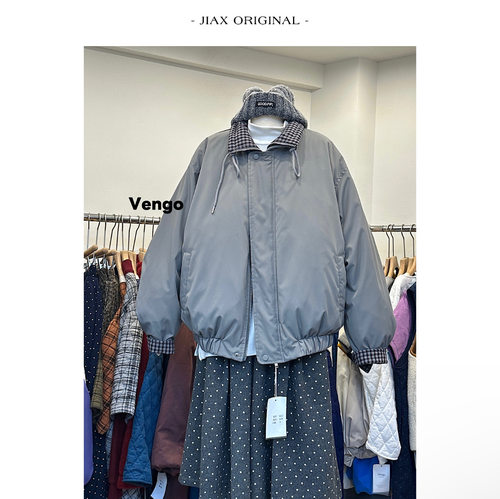 Vengo 2025秋冬纯色格纹两面穿抽绳羽绒服女ins韩版宽松保暖外套