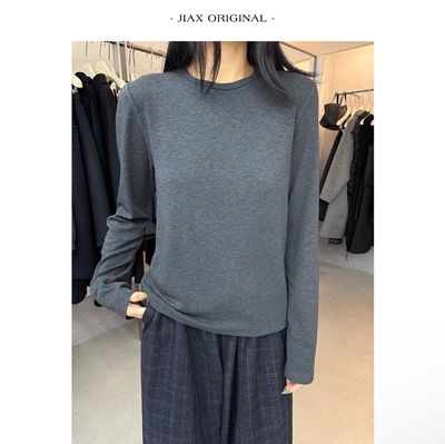 UPONE 2025秋冬简约纯色圆领长袖T恤女ins韩版微宽松磨毛打底上衣