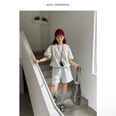 UPONE 2025春夏下摆抽绳圆领短袖t恤+松紧腰短裤韩系速干料套装女