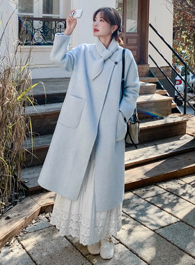 浅蓝色围脖双面羊绒大衣女秋冬超火好看高级小众中长款毛呢厚外套